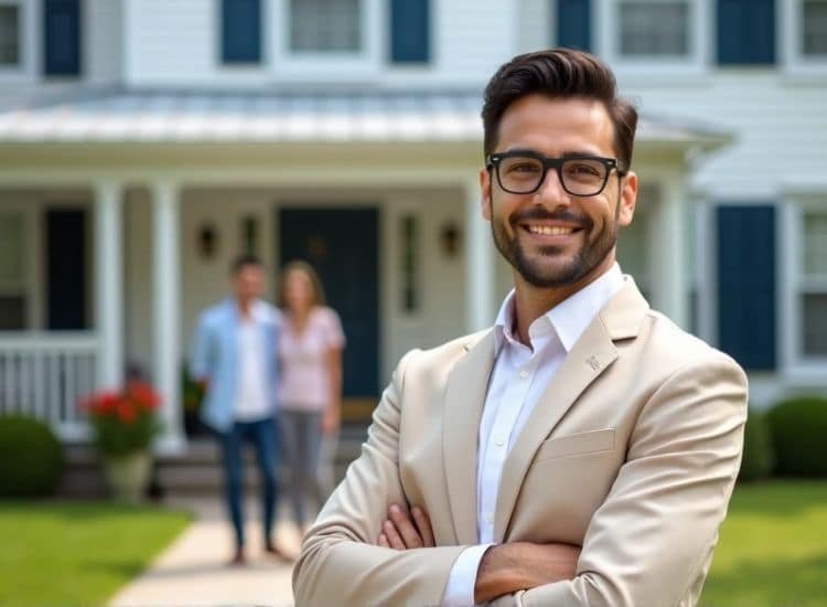 Un profesional inmobiliario sonriente, vestido con un traje beige, junto a una pareja que visita una propiedad. Simboliza la asesoría personalizada y el acompañamiento integral que Century 21 Kiu ofrece durante todo el proceso de renta.