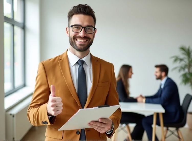 Un hombre sonriente, vestido con un traje beige y corbata azul, haciendo un gesto de aprobación. Simboliza la confianza y satisfacción que Century 21 Kiu ofrece a sus clientes al vender propiedades en Álvaro Obregón.